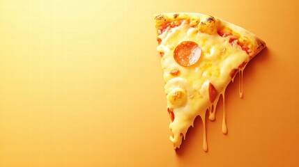 Poster - Delicious pizza slice with cheese drips and vibrant toppings on a minimalist background. Generative AI