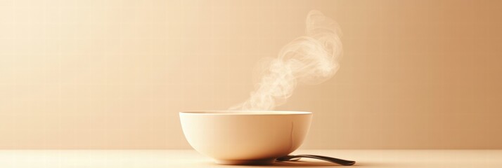 Leinwandbilder - Delicious soup steaming in a minimalist bowl with a spoon on a warm, neutral background. Generative AI