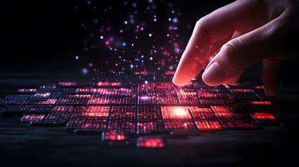 Poster - A hand interacting with glowing digital elements on a dark background