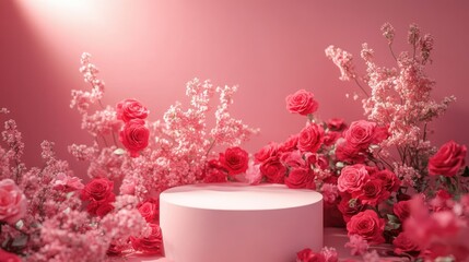 Wall Mural - A simple podium surrounded by vibrant pink and red roses, with soft spring lighting enhancing the scene.