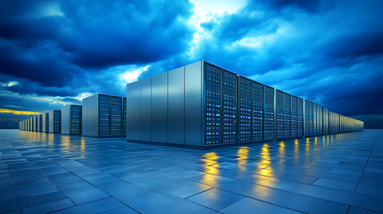 Poster - Modern data center under dramatic skies with reflective surfaces and rows of servers
