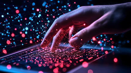 Poster - A hand interacts with a glowing laptop, surrounded by vibrant digital particles