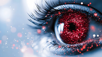 Poster - A mesmerizing close-up of a sparkling eye with red glitter and a dreamy background