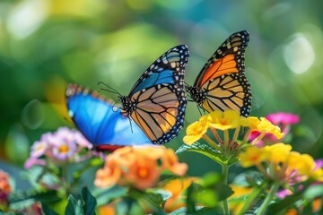 Poster - Colorful butterflies fluttering among vibrant flowers in a sunny garden during springtime