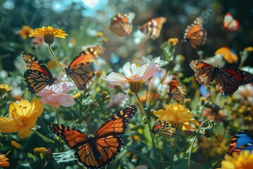 Poster - Colorful butterflies fluttering among vibrant flowers in a sunny garden during springtime