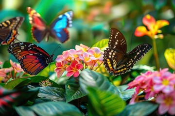 Poster - Colorful butterflies fluttering among vibrant flowers in a sunny garden during springtime