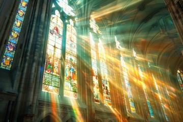 Poster - Light streams through stained glass windows in a grand hall during a serene afternoon, illuminating the tranquil atmosphere within the space