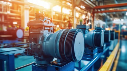 Poster - Motors on Assembly Line in Bright Workshop Environment