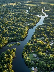 Poster - Scenic Aerial View of Winding River and Verdant Forest in Idyllic Rural Landscape : Generative AI