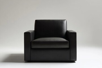 Poster - A modern black armchair with clean lines and a minimalist design, placed against a simple gray background to highlight the furniture's features and style.