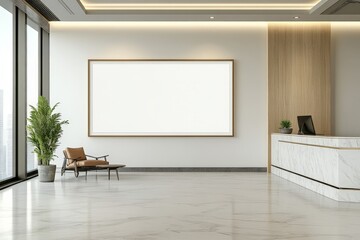 Poster - A refined reception area featuring luxurious marble flooring, a comfortable armchair, large window, and natural elements creating a sumptuous welcome space.