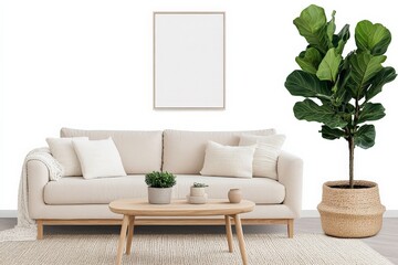 Leinwandbilder - A modern living room with a beige sofa, cozy cushions, a woven basket plant, and a small coffee table, creating a minimalist and inviting atmosphere.