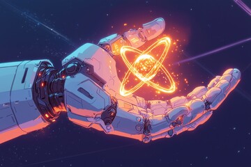 Poster - Futuristic robot hand holding glowing atom symbol in digital space