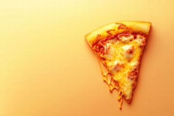 Poster - Delicious pizza slice with stylized cheese drips and colorful toppings on minimalistic background. Generative AI