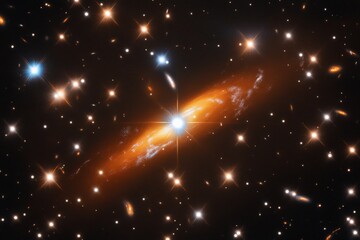 Aufkleber - A fiery cosmic outburst emits brilliant light, illuminating the vast expanse of the universe while surrounded by countless twinkling stars and cosmic phenomena.