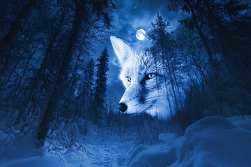Poster - A glowing fox silhouette hovers over a winter forest scene in rich blue tones, radiating mystery and fantasy, surrounded by a majestic full moon in the sky.
