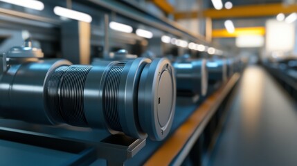 Poster - Precision Motors on an Assembly Line in a Bright Workshop