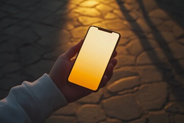 Fototapete - A smartphone displays a golden glow from the setting sun against a cobblestone path, embodying tranquility and reflection in the serenity of outdoor beauty.