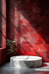 Poster - Minimal abstract background with concrete podium and red textured wall