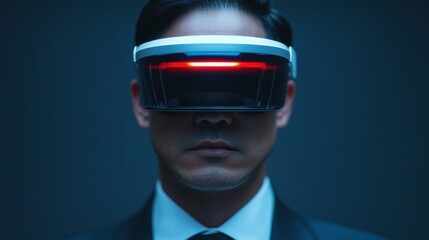 Poster - Businessman experiencing augmented reality using a headset with glowing red display, showcasing futuristic technology and digital innovation
