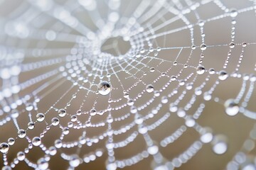 Poster - Web glistens with morning dew, showcasing intricate natural design and delicate drops in soft light across a blurred background