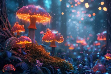 Poster - Colorful glowing mushrooms illuminate a mystical forest at twilight, creating a dreamy atmosphere