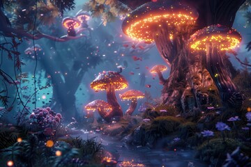 Poster - Colorful glowing mushrooms illuminate a mystical forest at twilight, creating a dreamy atmosphere