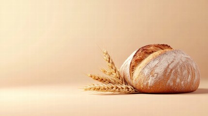 Fototapete - Minimalist bread loaf with wheat grains on a neutral background for creative food design projects. Generative AI