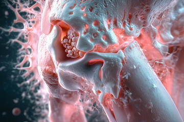 Aufkleber - close up of a bone with a pinkish hue. The bone is broken and has a lot of white and pink spots