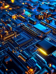 Aufkleber - Glowing Electronic Circuit Board with Neon Elements in Tech Futuristic Environment : Generative AI