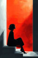 Poster - Silhouette of a woman sitting on stairs against red background