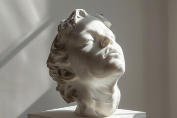 Aufkleber - Intricate marble sculpture of a woman's head showcasing elegant curls and delicate facial features in soft light