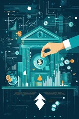 Poster - Modern financial technology concept with digital bank and currency symbols