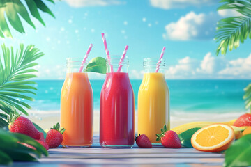 Wall Mural - Three different colored juice bottles with straws in them are on a table next to a bowl of strawberries and an orange