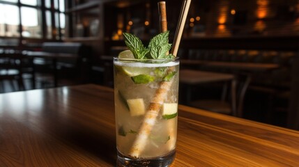 Refreshing cocktail with lime, mint, and straw on a wooden table in a restaurant.