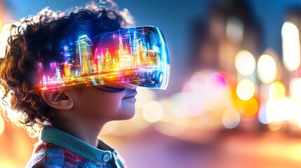 Poster - Toddler with curly dark hair experiencing virtual reality in a colorful urban environment