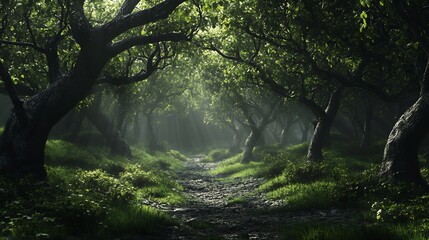 Aufkleber - Mystical Forest Pathway with Overhanging Branches and Illuminating Sunlight : Generative AI