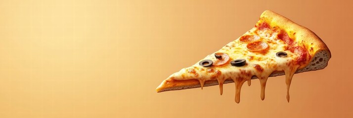 Poster - Enjoying a delicious pizza slice with cheese drips and unique toppings in a minimalist style. Generative AI