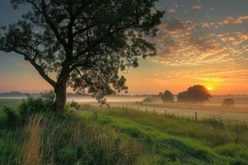 Aufkleber - Morning mist envelops a tranquil rural landscape with winding dirt path and silhouetted trees at dawn