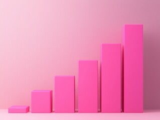 Poster - 3d pink bar graph with rectangular blocks arranged in ascending order, representing business growth and data visualization on a monochromatic pink background