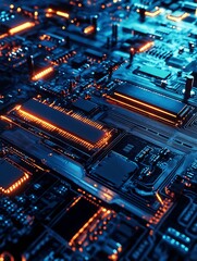Poster - Advanced Electronic Circuit Board with Integrated Chips and Orange LED Lighting : Generative AI