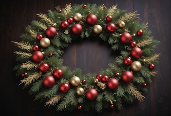 Poster - Spectacular Christmas Wreath in Dark Green, Gold, and Red, Amidst Snowy Serenity