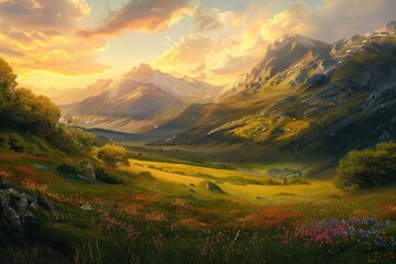 Aufkleber - Sunset over rolling hills and valleys in a serene landscape with warm hues illuminating the sky and lush greenery