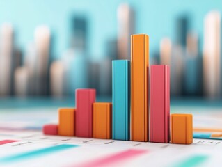 Poster - Colorful 3d bar chart representing positive financial growth on a report document, with an urban skyline in the background