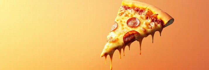 Poster - Stylized pizza slice with cheese drips on minimalist background for creative food design mock up. Generative AI