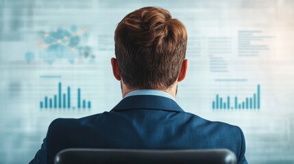 Poster - Businessman analyzing global data charts and connections on a futuristic screen in a modern office focused on analytics and strategy