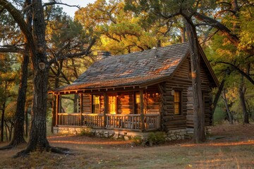 Poster - Cozy wooden cabin tucked away in a lush green forest surrounded by tall trees during a serene summer day