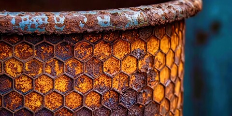 Rusty metal container with a hexagonal pattern
