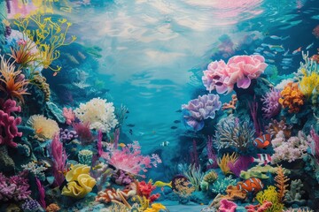 Aufkleber - Colorful underwater coral reef teeming with fish and marine life in a vibrant ocean habitat during daylight hours