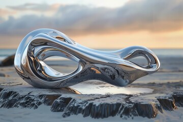 Aufkleber - Shiny abstract sculpture displaying dynamic curves and reflections in an outdoor setting with a marble backdrop